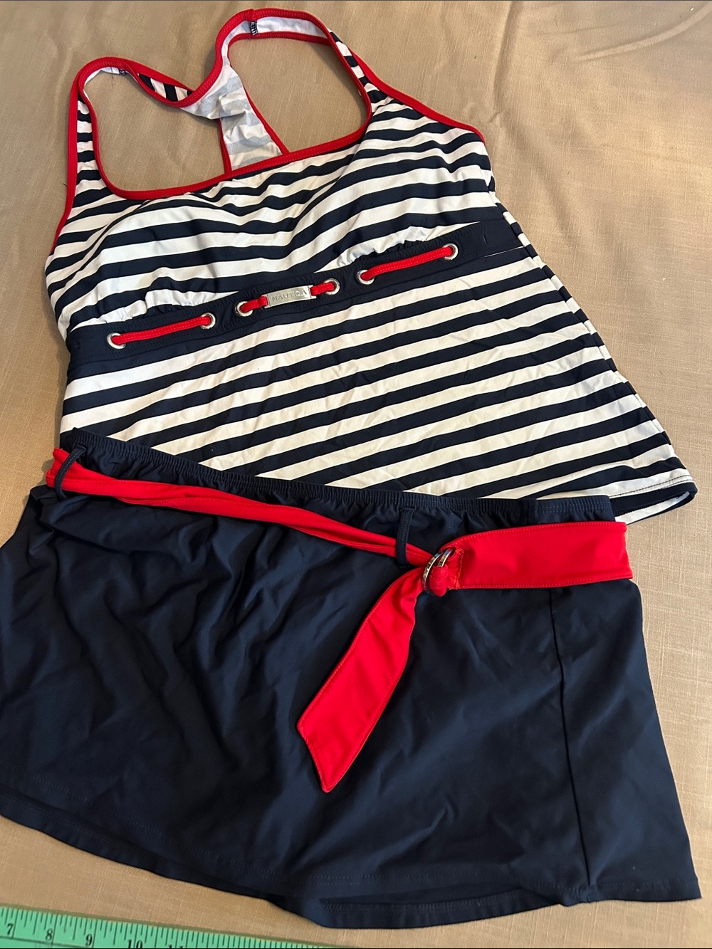 EUC Nautica Navy White Red Striped Tankini with Skirt